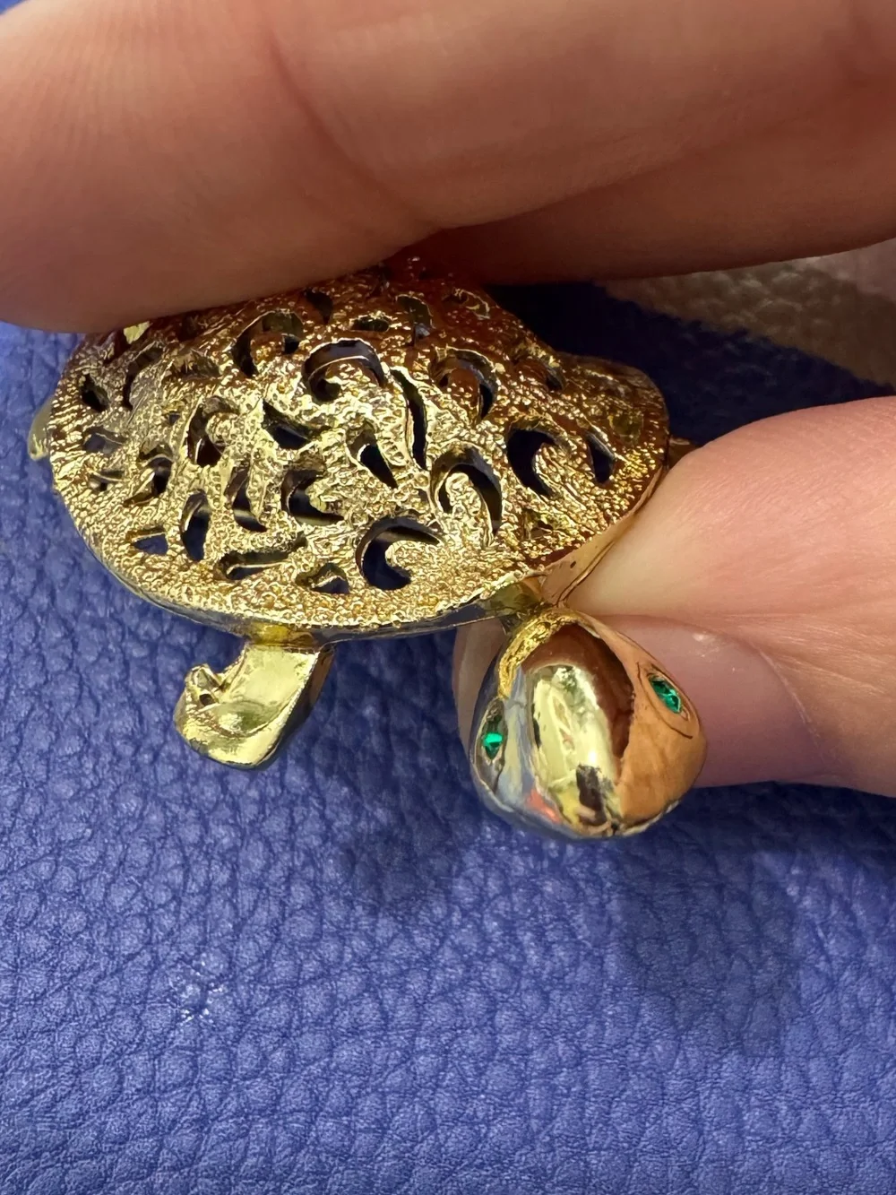 Gold-tone Turtle Decorative Reptile Brooch with Green Eyes